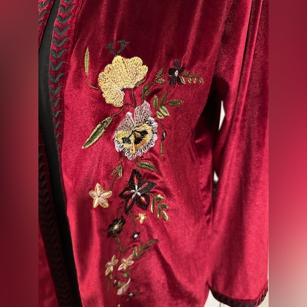 Parory Red Velvet Embroidered Open Front Cardigan Jacket Size 10 M Floral - Picture 3 of 13